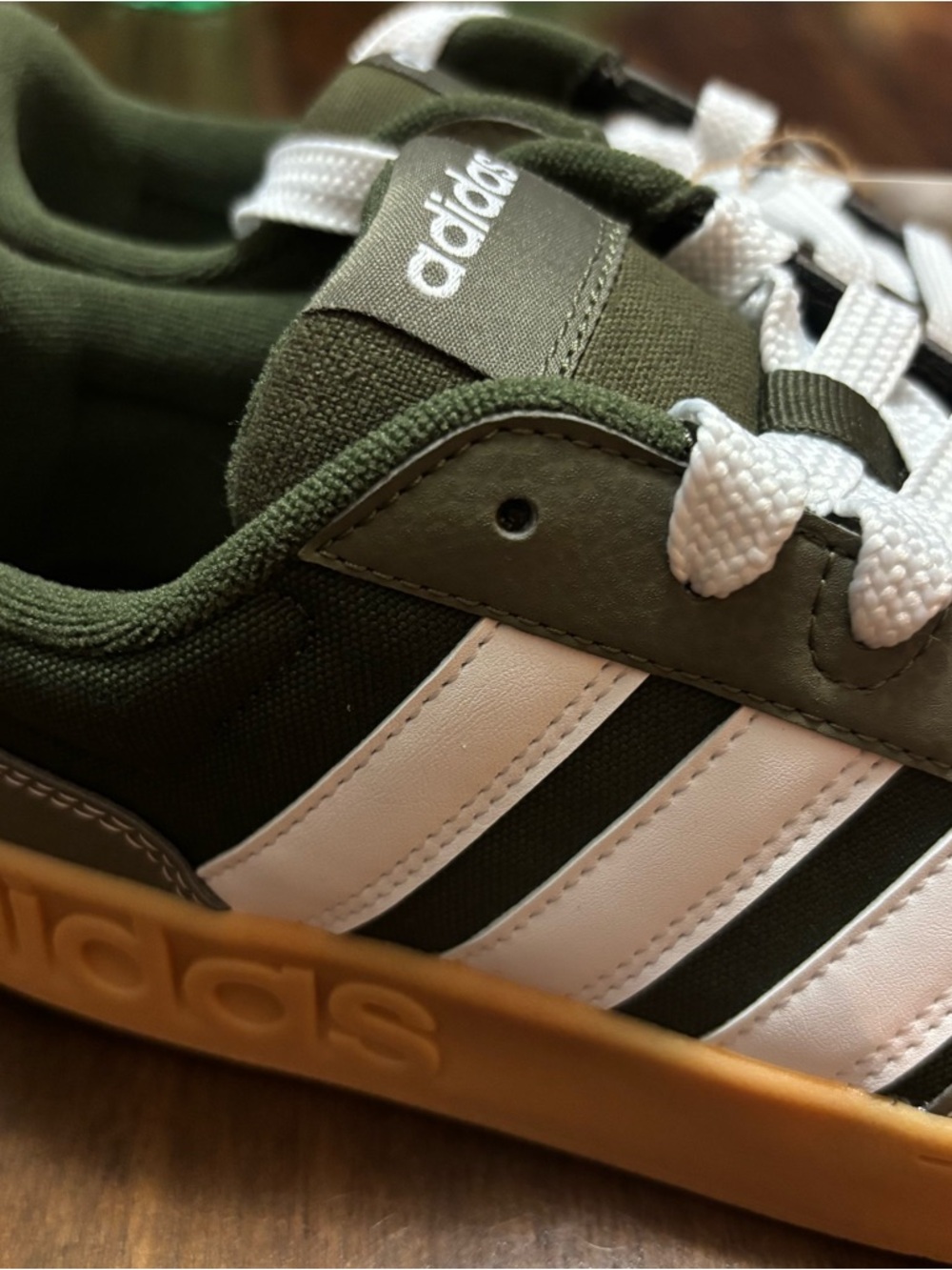 adidas Olive Green Low-Top Sneakers with White Stripes and Gum Sole - Picture 5 of 8